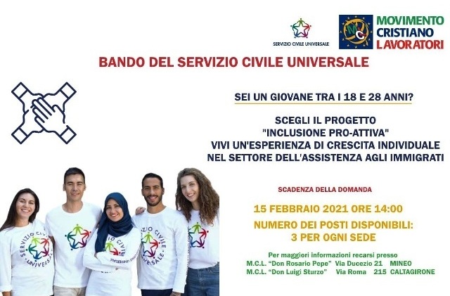 SCEGLI IL SERVIZIO CIVILE UNIVERSALE E VIENI CON NOI IN M.C.L - MOVIMENTO CRISTIANO LAVORATORI DI MINEO E DI CALTAGIRONE